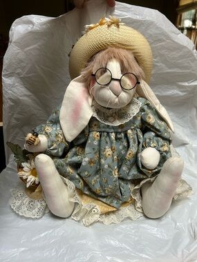 Handcrafted Blue Floral Bunny Doll with Hat and Glasses